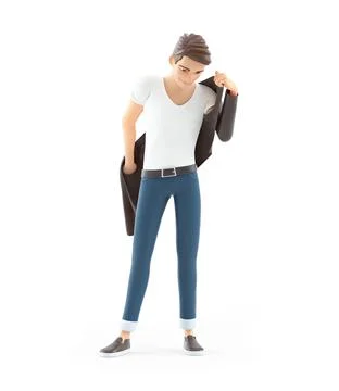 3d cartoon man putting on jacket Stock Illustration