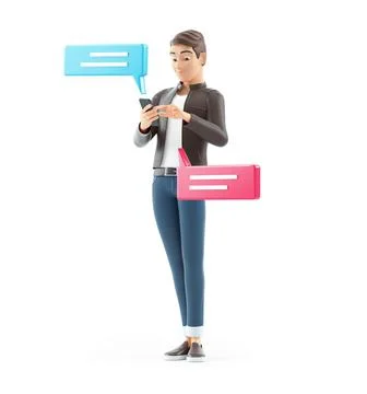 3d cartoon man sending text messages with smartphone Stock Illustration