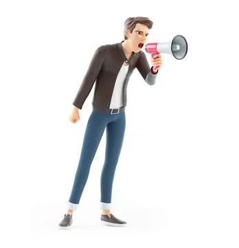3d cartoon man shooting through megaphone Stock Illustration