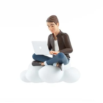 3d cartoon man sitting on cloud and using laptop Stock Illustration