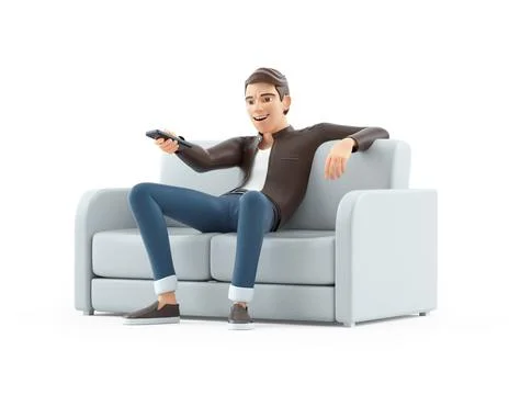 3d cartoon man sitting in sofa and zapping Illustrazione stock