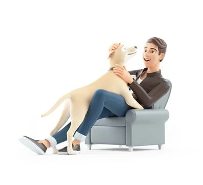 3d cartoon man stroking his dog while sitting in armchair Illustrazione stock