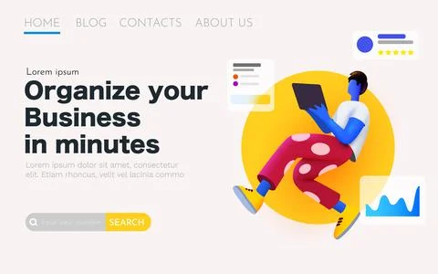 3d cartoon man with tablet flies around statistical data. Landing page template. Stock Illustration