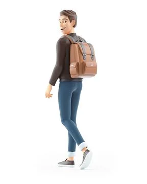 3d cartoon man walking with backpack Stock Illustration
