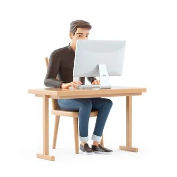 3d cartoon man working on computer at desk Stock Illustration