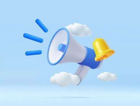3D Cartoon Megaphone with Bell notification. Illustrazione stock