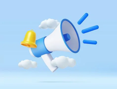 3D Cartoon Megaphone with Bell notification. Stock Illustration