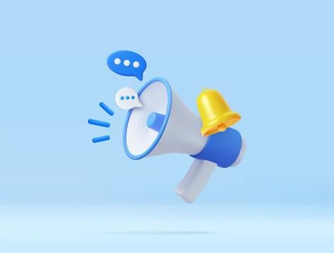 3D Cartoon Megaphone with Bell notification. Illustrazione stock