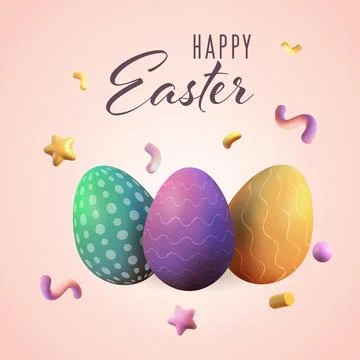 3d cartoon multicolored cute easter voluminous confetti eggs, happy easter Stock Illustration
