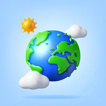 3D Cartoon Planet Earth in Clouds with Sun Stock Illustration