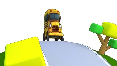 3D cartoon school bus on empty rural road drive endless Stock Footage 283342317