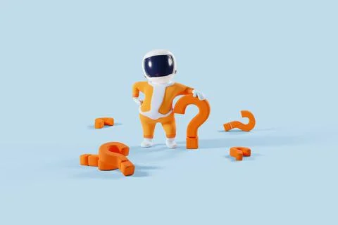 3D cartoon spaceboy in the middle of question marks ready to help. 3D renderi Stock Illustration