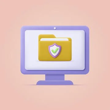 3d cartoon style laptop computer with shield symbol. Vector Illustrazione stock