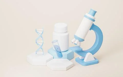 3D cartoon style microscope and biotechnology concept, 3d rendering. Stock Illustration
