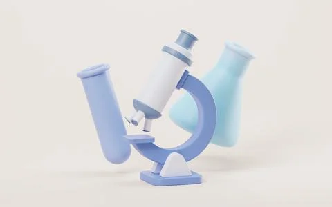 3D cartoon style microscope and chemical vessel, 3d rendering. 스톡 일러스트