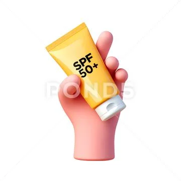 3d cartoon sunscreen bottle in hand with spf 50 label PSD Template