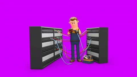 3D Cartoon Technician Fixing Database Center Vidéo 266971981