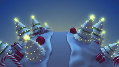 3d cartoon theme christmas night concept with an illuminated trees, gift boxes Stock Footage 346360471