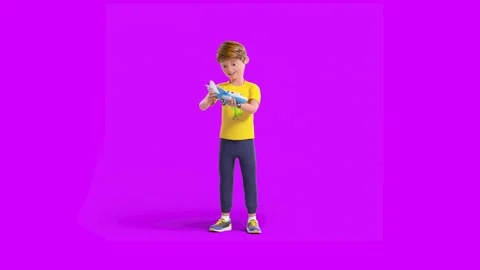3D Cartoon White Boy Playing With Toy Plane Standing in Green Background Vídeo Stock 316800902