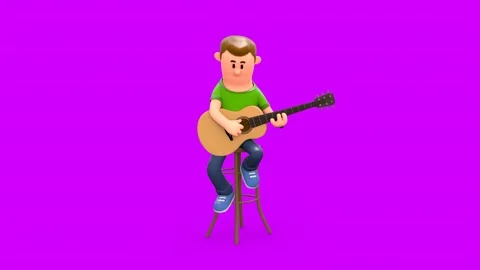 3D Cartoon Young Man Playing Guitar Sitting On Stool Vídeos de archivo 266301992