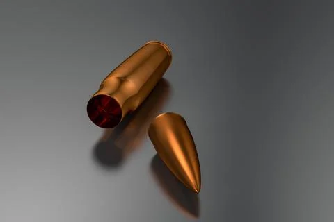 3D case and bullet on a dark surface. Disassembled live cartridge Stock Illustration