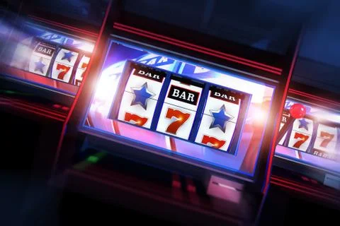 3D Casino Slots Concept. 3D Illustration of Three Slot Machines. Illustrazione stock