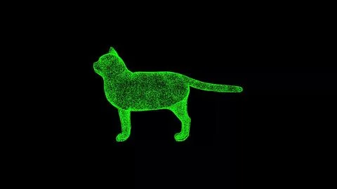 3D cat on black bg. Object dissolved green flickering particles. Business a.. Illustrazione stock
