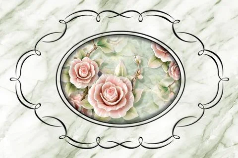 3d ceiling, decor frame, stone roses in the middle on marble Stock Illustration