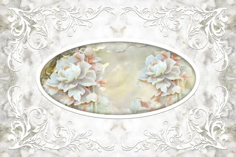 3d ceiling, stucco decor frame, stone flowers in the middle on marble background Stock Illustration