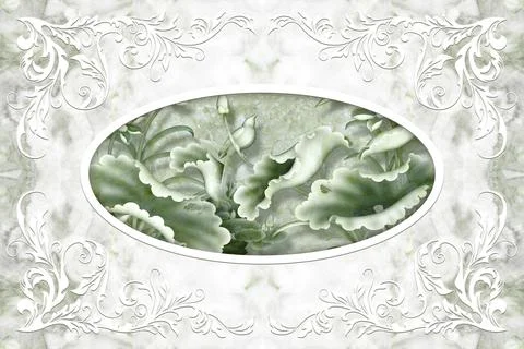 3d ceiling, stucco decor frame, pale-green stone flowers on marble backgroun Stock Illustration
