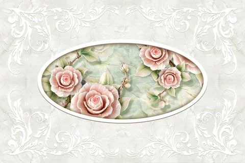 3d ceiling, stucco decor frame, stone roses on marble background Stock Illustration