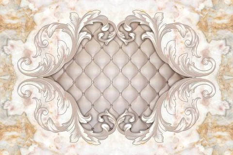3d ceiling, stucco decor frame, beige leather quilted buttoned in the middle Stock Illustration