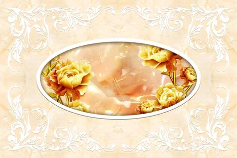 3d ceiling, stucco decor frame, yellow stone roses on marble background Stock Illustration