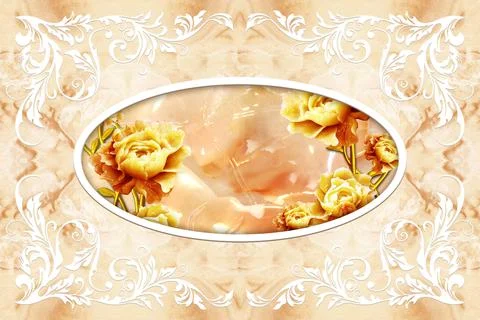 3d ceiling, stucco decor frame, yellow stone roses on marble background Stock Illustration