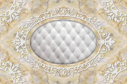 3d ceiling, stucco decor frame, leather quilted buttoned, beige marble Stock Illustration
