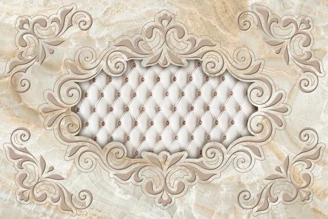 3d ceiling, stucco decor frame, leather quilted buttoned, beige marble Stock Illustration