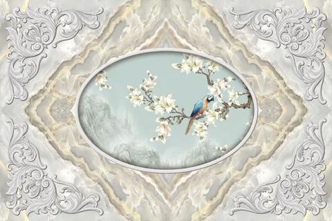 3d ceiling, stucco decor frame, parrot on a flowery branch  in the middle on Stock Illustration