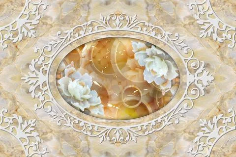 3d ceiling, stucco decor frame, stone roses in the middle on marble backgrou Stock Illustration