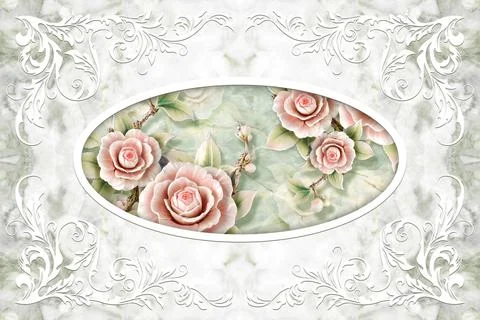 3d ceiling texture, stucco decor frame, stone roses ,marble background Stock Illustration