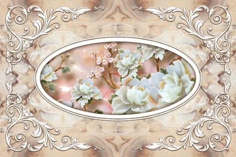 3d ceiling, white decor frame, stone roses in the middle on marble backgroun Stock Illustration