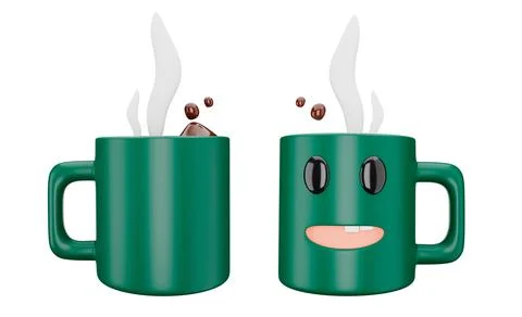 3D ceramic cup with coffee or hot chocolate splashing, beautiful smiling gr.. Stock Photos