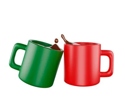 3D ceramic cup with coffee or hot chocolate splash green and red coffee mug.. Stock Photos