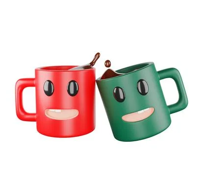 3D ceramic cup with coffee or hot chocolate splash coffee mug with green an.. Stock Photos