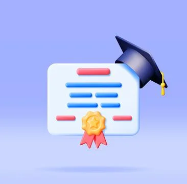 3D Certificate with Stamp and Graduation Cap Stock Illustration
