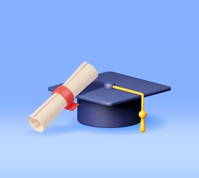 3D Certificate with Stamp and Graduation Cap Stock Illustration