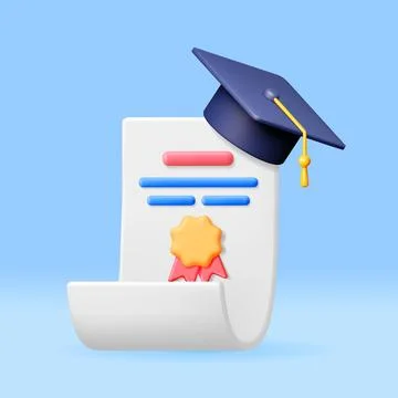 3D Certificate with Stamp and Graduation Cap Stock Illustration