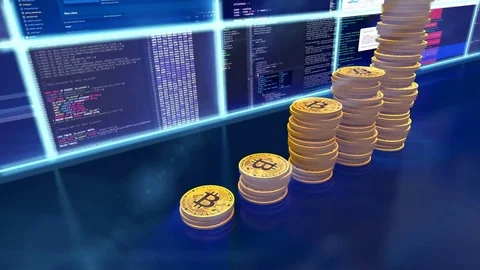 3D cg of mining bitcoins with moving camera, blue Stock Footage 83068298