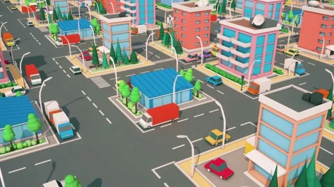 3d cgi animation of a colorful low poly city, 4k videogame Sim city flat style Vidéo 169600610