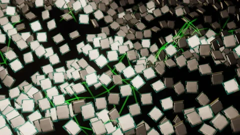 3D CGI Animation Loop of CPU Chips Connected In A Energy Network Stock Footage 164309139