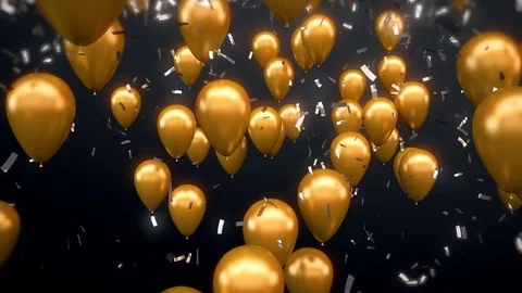 3d CGI animation of sparkling silver confetti falling on flying golden balloo Stock Footage 80932776